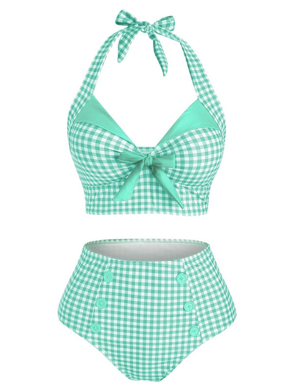 Maillot de Bain à Col Licou Verte à Carreaux des années 1950