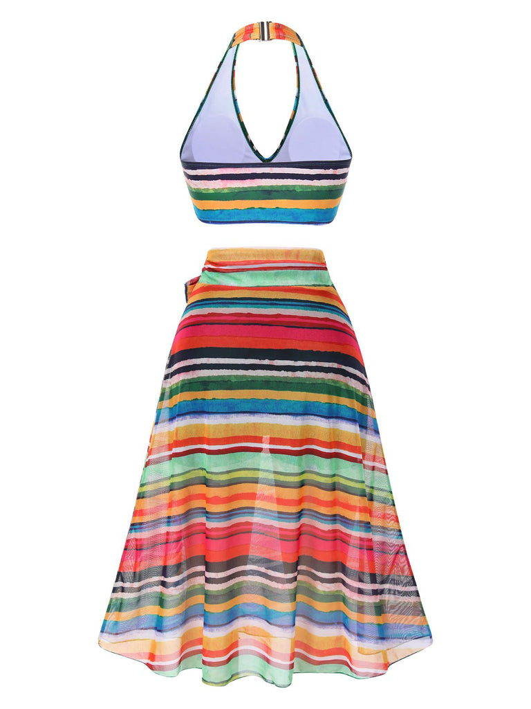 Maillot de bain multicolore à rayures Boho 1970 avec Cache Maillot