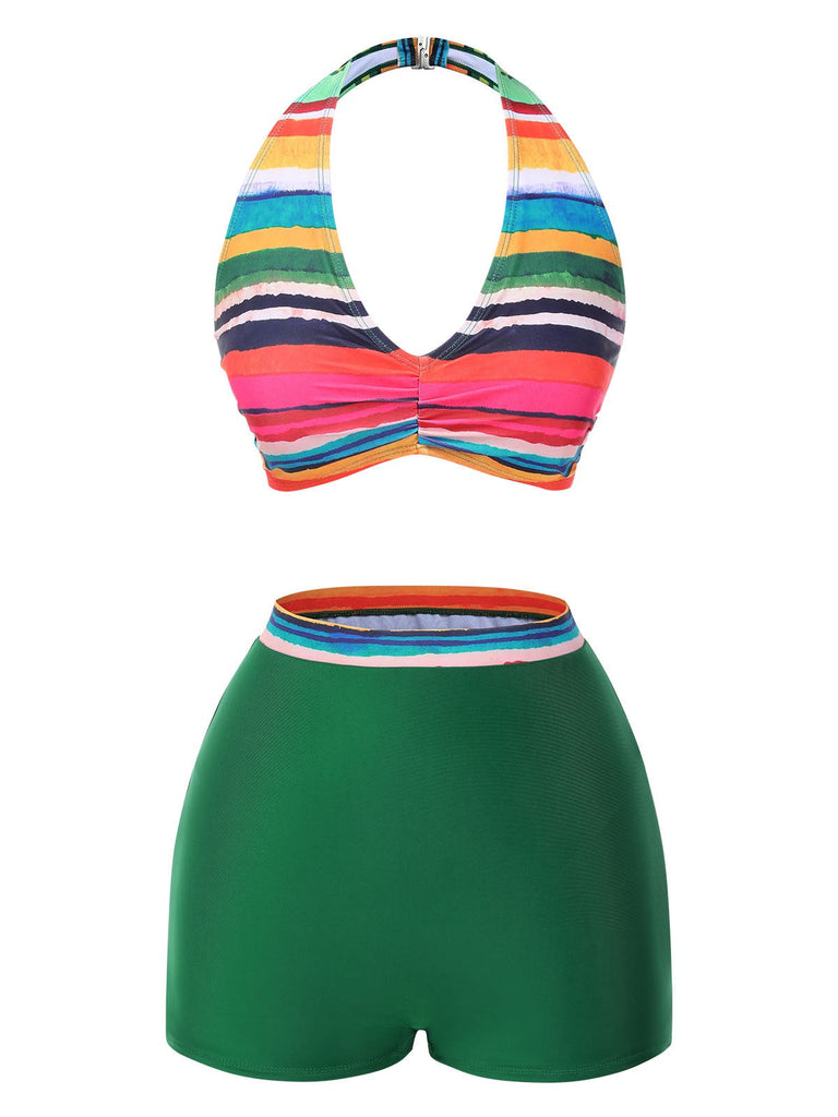 Maillot de bain multicolore à rayures Boho 1970 avec Cache Maillot
