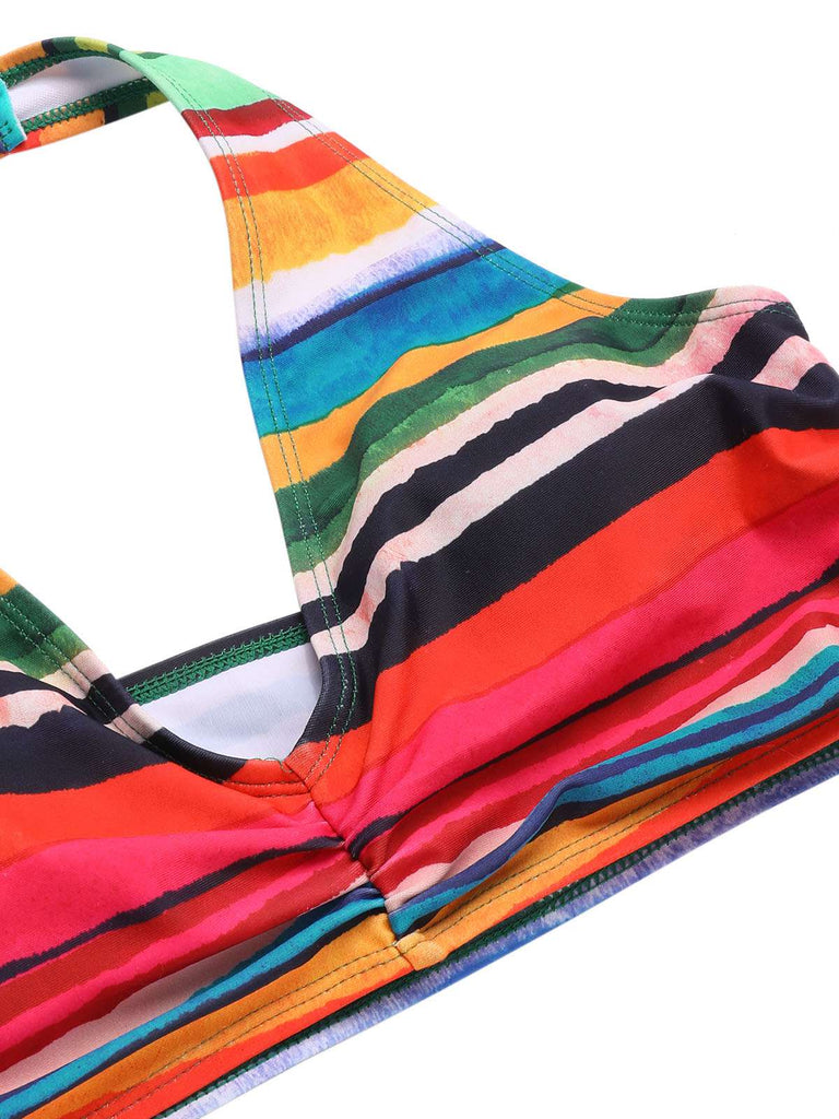 Maillot de bain multicolore à rayures Boho 1970 avec Cache Maillot
