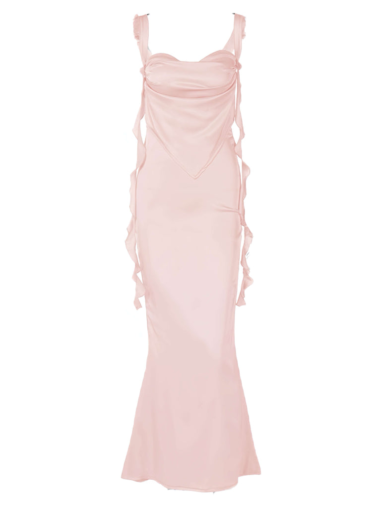 Robe froncée dos nu en satin uni des années 1970