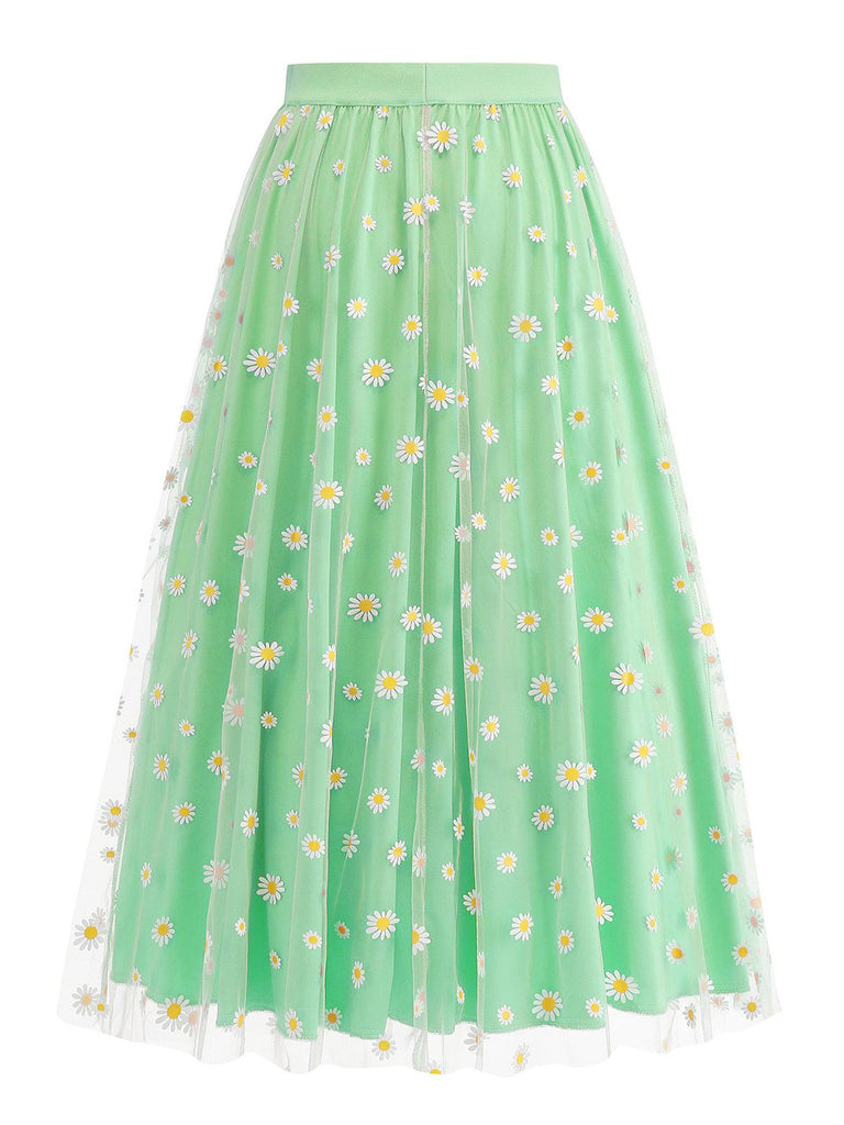 Jupe trapèze taille haute en maille marguerite des années 1940