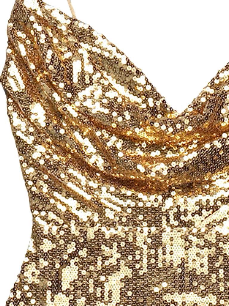 Robe de soirée courte à paillettes dorées années 1970