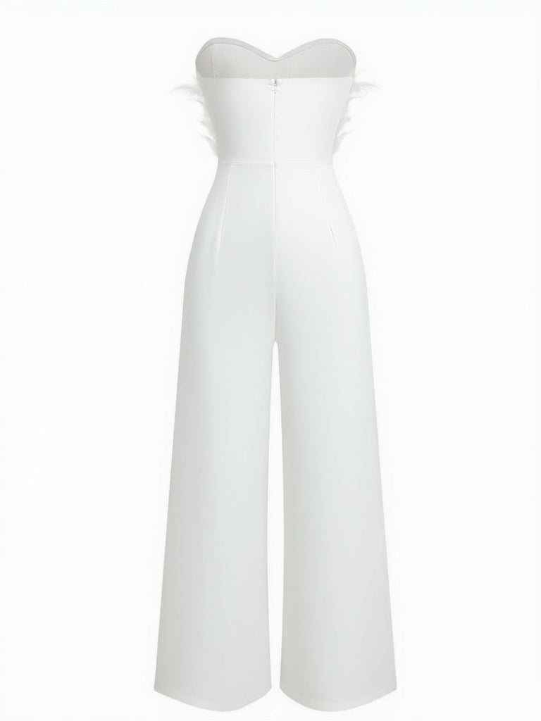 Combinaison sans bretelles à plumes et ceinture unie des années 1970