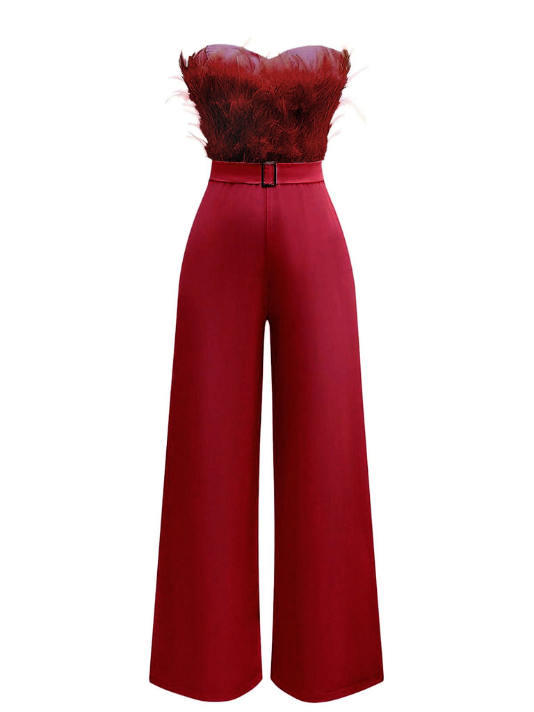 Combinaison sans bretelles à plumes et ceinture unie des années 1970