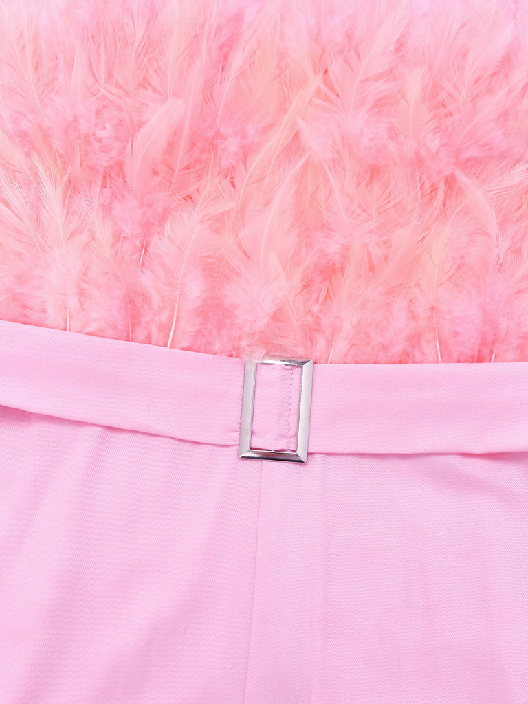 Combinaison sans bretelles à plumes et ceinture unie des années 1970