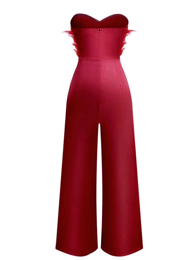 Combinaison sans bretelles à plumes et ceinture unie des années 1970