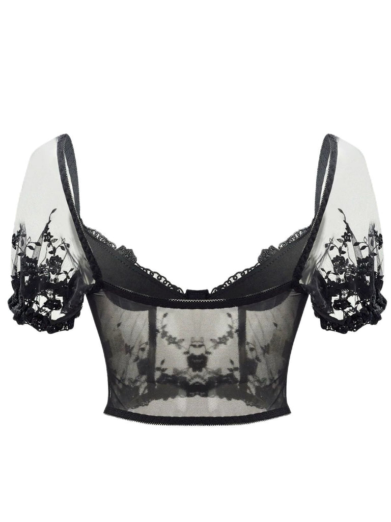 Haut corset en dentelle noir à manches bouffantes des années 1970