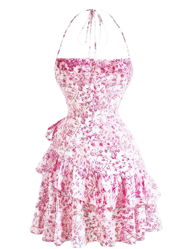 Robe à fleurs en porcelaine à volants et dos nu des années 1970