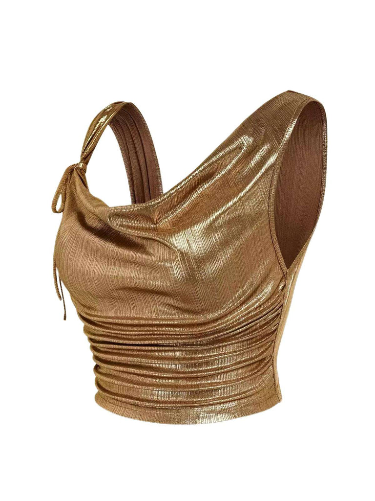 Haut froncé sans manches col irrégulier avec nœud doré des années 1960