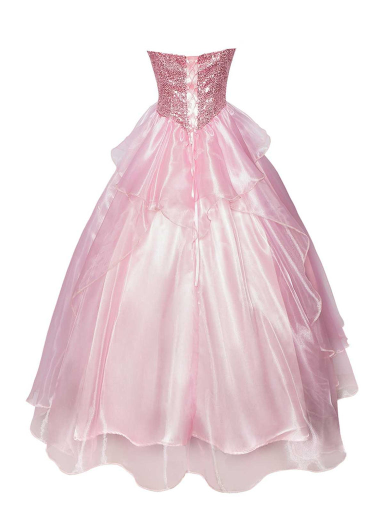 Robe princesse rose à paillettes et tulle superposé des années 1970