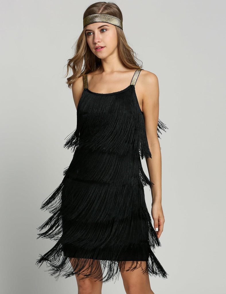 Robe Charleston Noir Vintage Année 20 à Franges avec Ceinture Soirée Cocktail