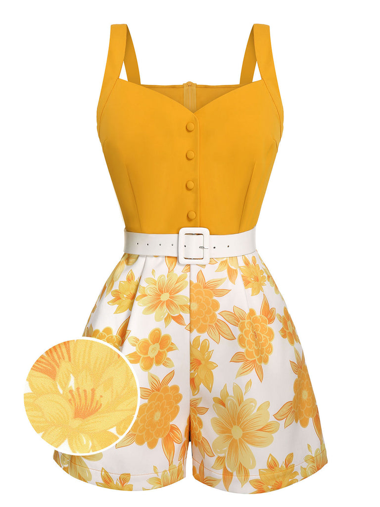 Combishort fleuri à bretelles spaghetti jaune années 1950