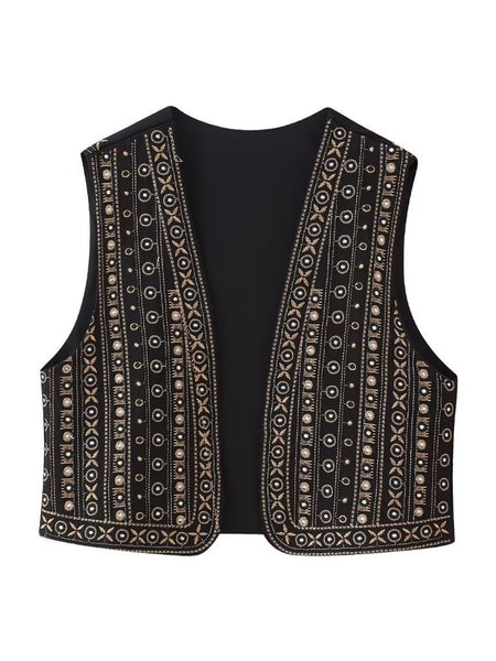 Gilet Noir Vintage Années 60 Brodé Perles Fleurs - Taille 38, Style Bohème Chic - Occasion Très Bon état