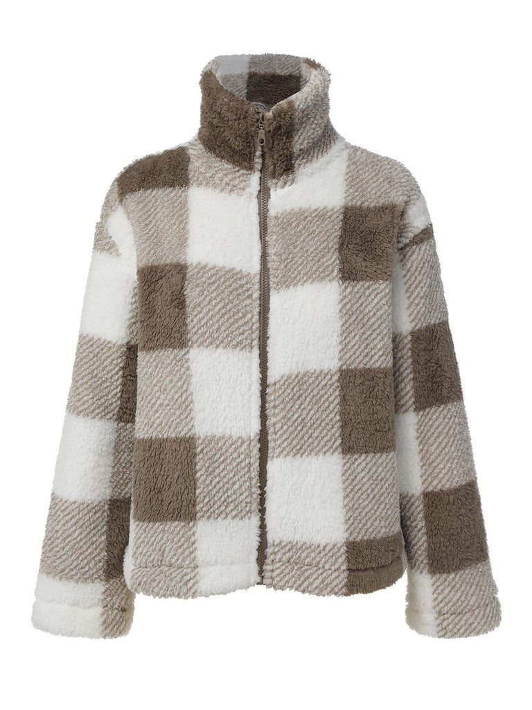 Manteau à carreaux en peluche réversible beige des années 1940