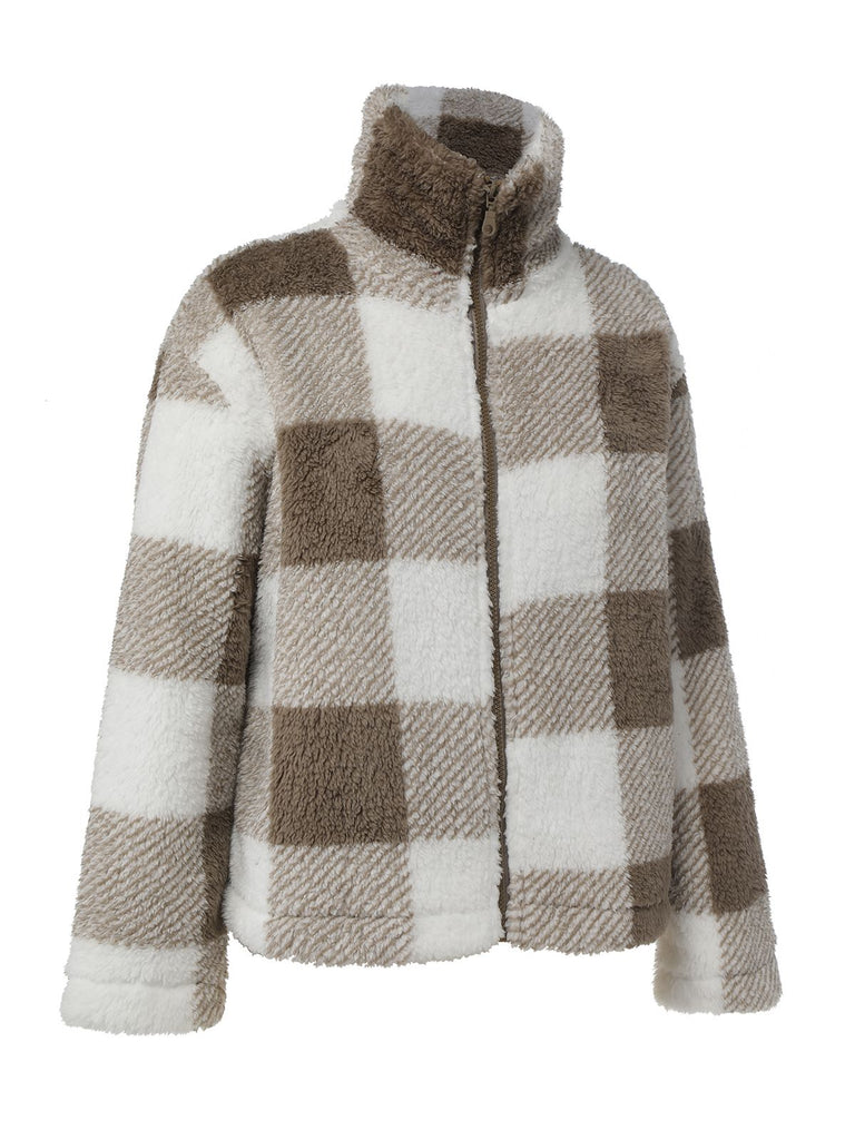 Manteau à carreaux en peluche réversible beige des années 1940