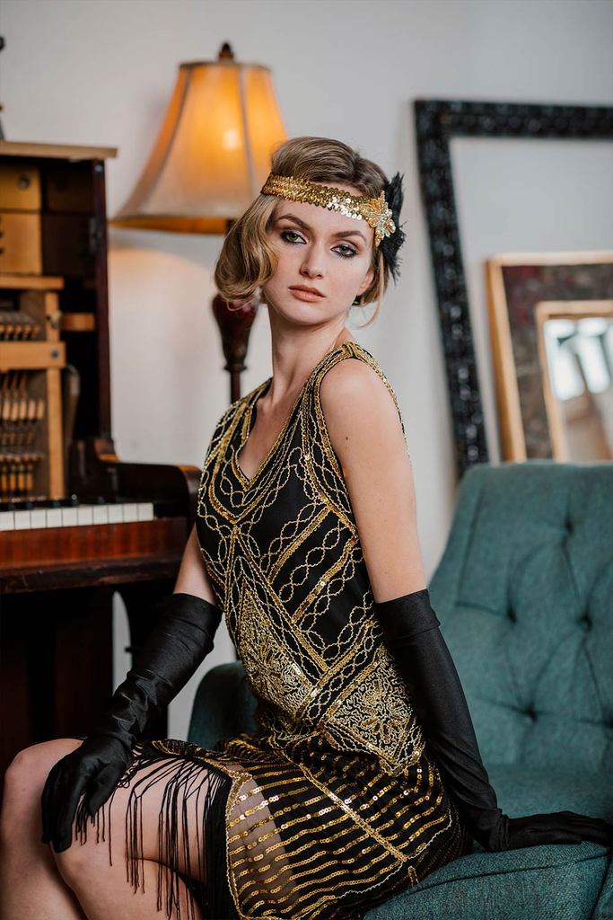 Robe Charleston Vintage Années 20 Gatsby à Paillettes Dorée Cocktail