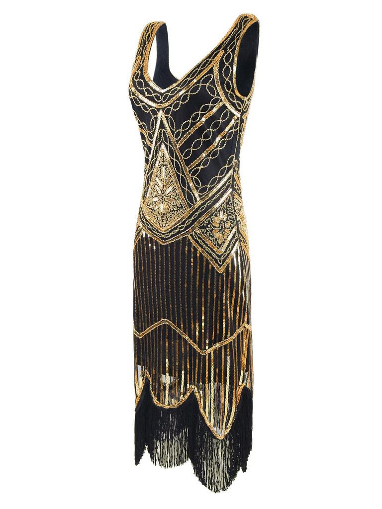 Robe Charleston Vintage Années 20 Gatsby à Paillettes Dorée Cocktail