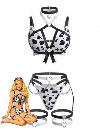 Ensemble lingerie sexy noir et blanc à imprimé vache et bretelles années 1980
