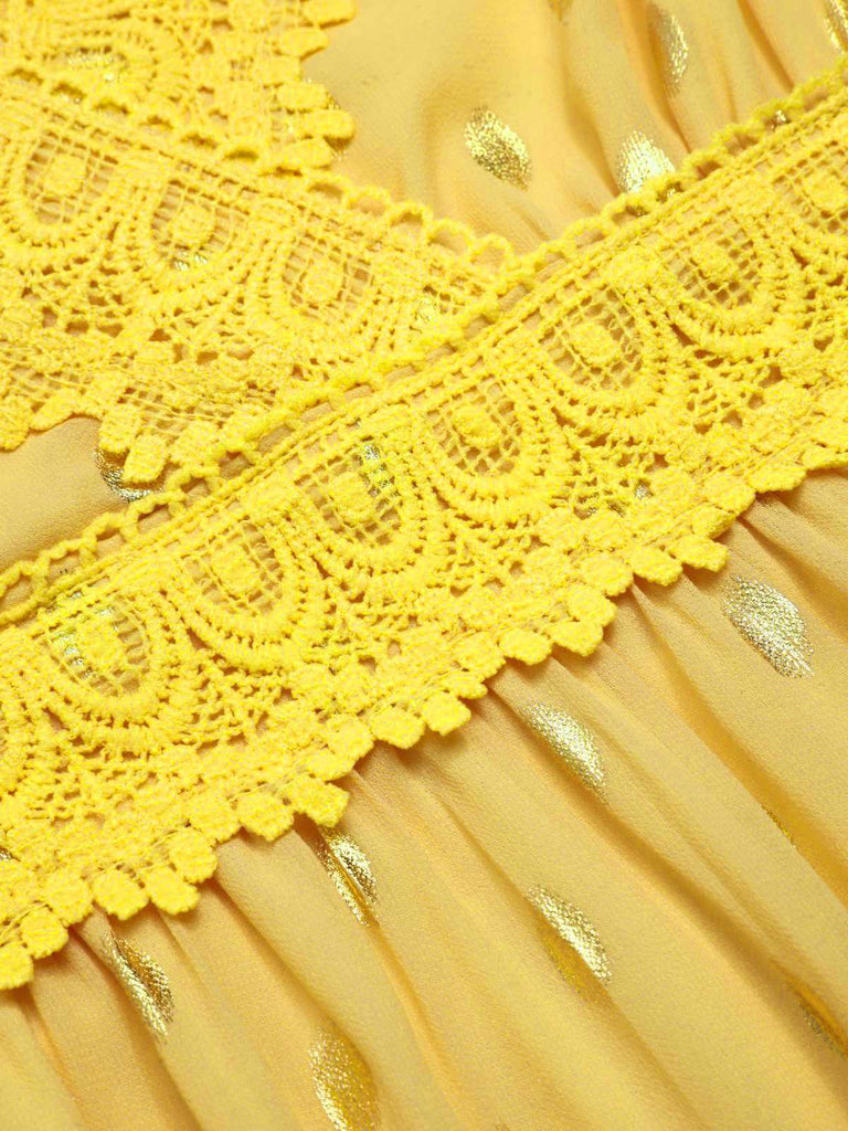 Robe jaune à pois et dentelle patchwork des années 1950