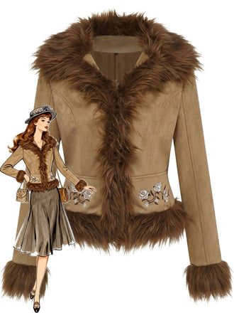 Veste avec bordure en fausse fourrure et broderie de roses années 1970