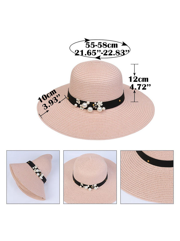 Chapeau de soleil pliable vintage à large bord avec perle