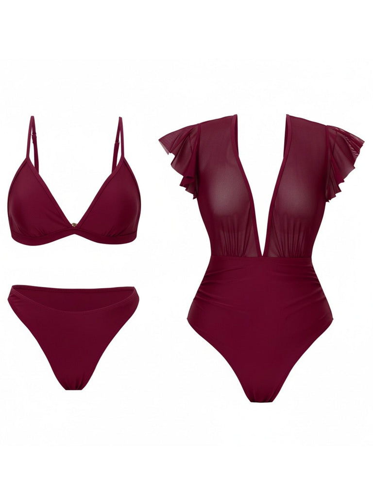 Ensemble bikini et paréo en maille unie années 1960