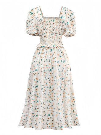 Robe jaune fleurs à col carré des années 1940