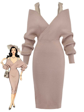 Robe Tricot Kaki Épaules Dénudées Dentelle Fente Années 1960