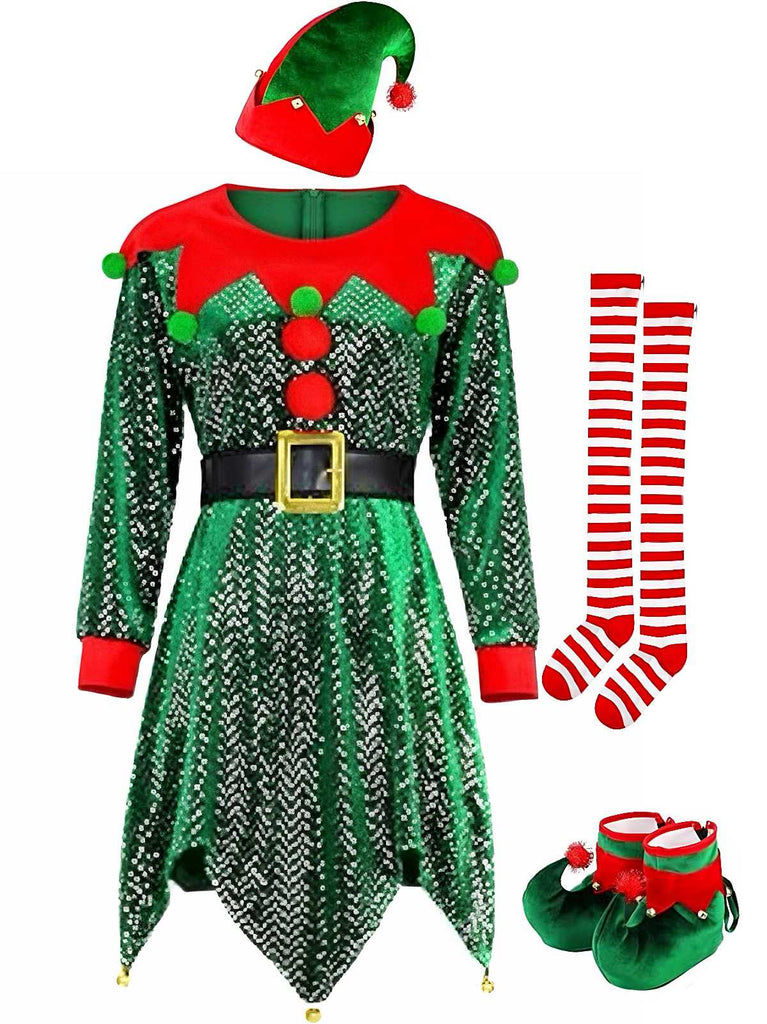 Ensemble de costume d'elfe de Noël à paillettes vertes des années 1950