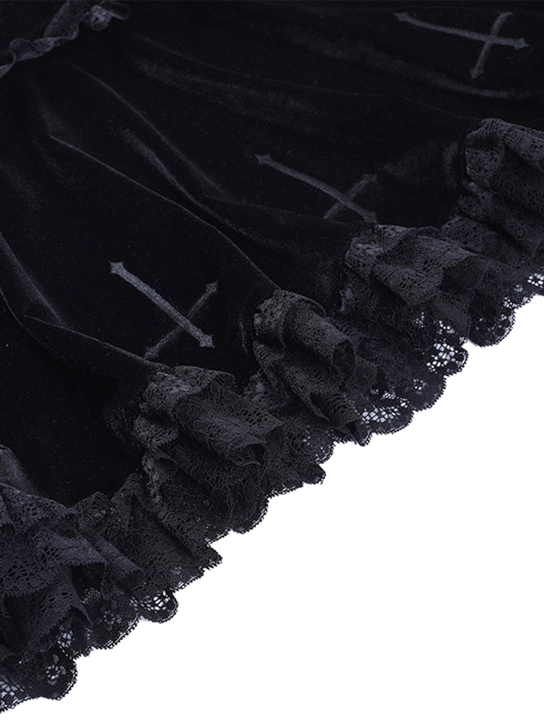 Jupe noire en dentelle brodée unie des années 1980