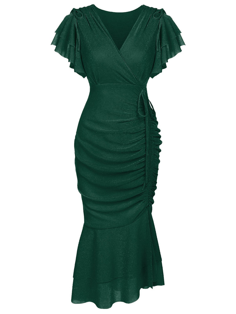 Robe de Crayon Vintage Année 60 à Col V Volants Soirée Cocktail Chic 16