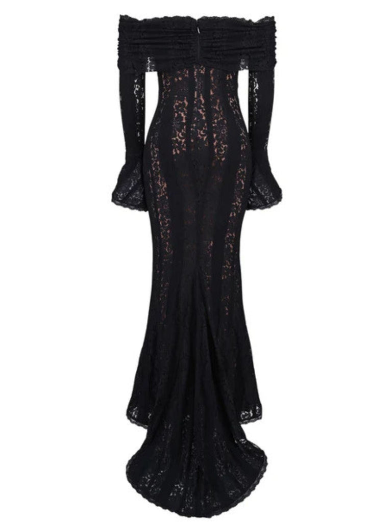 Robe sirène maxi en dentelle à épaules dénudées et manches évasées années 1930