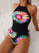 Ensemble tankini à lacets motif marguerites colorées années 1960