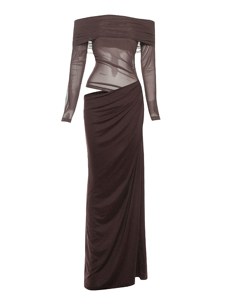 Robe transparente unie à épaules dénudées en résille ajourée années 1980