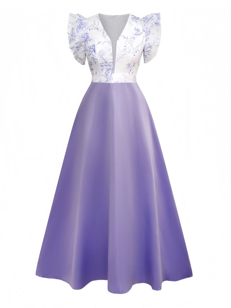 Robe à fleurs et manches volantées à col V années 1930