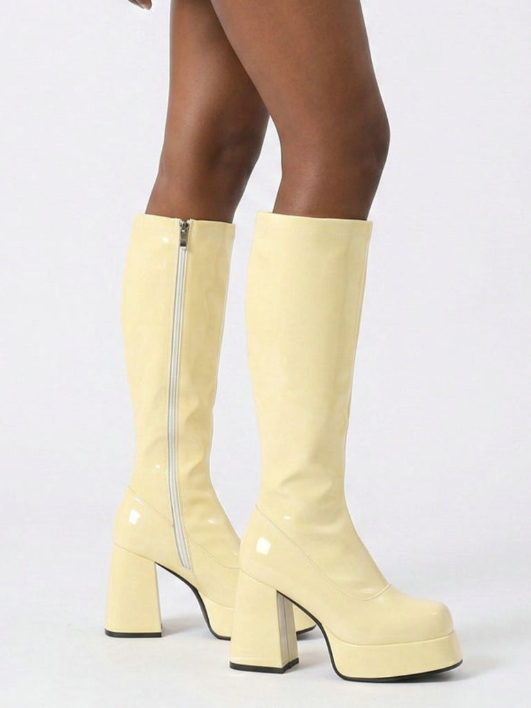 Bottes en cuir PU à bout rond, plateforme et talon épais