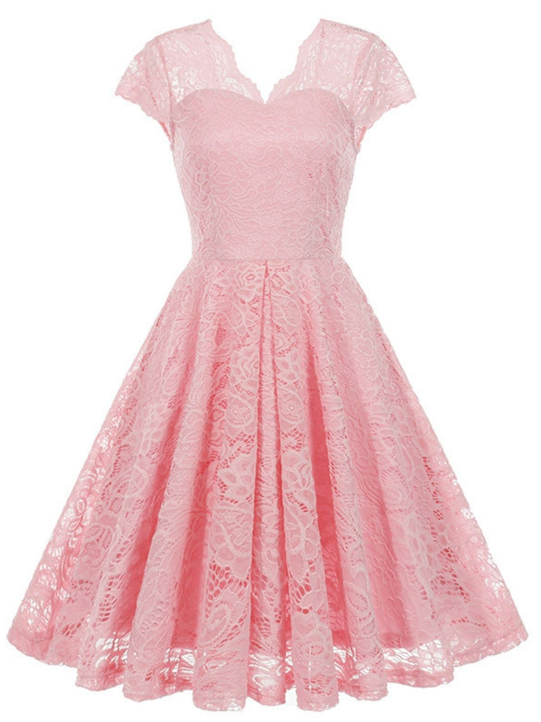 Robe en dentelle unie à col en V et sans manches années 1950