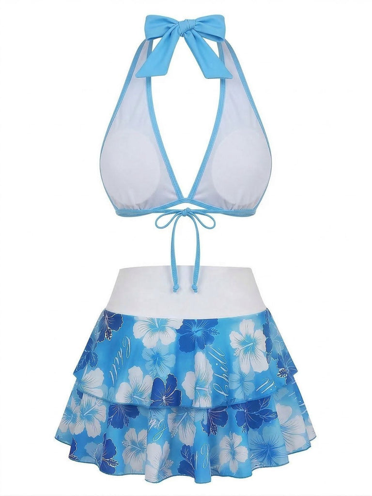 [Prévente] Ensemble bikini rose à imprimé floral à nouer sur le devant et à volants années 1960