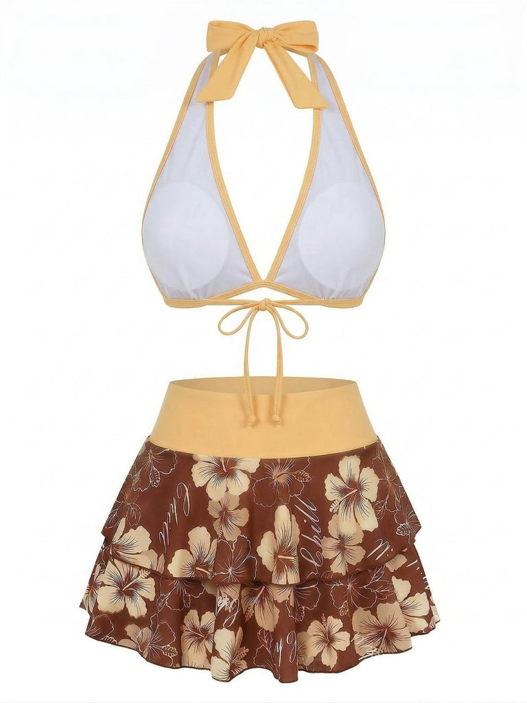 [Prévente] Ensemble bikini rose à imprimé floral à nouer sur le devant et à volants années 1960