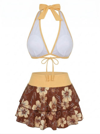 Bikini marron imprimé floral volanté années 1960