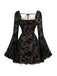 Robe noire en dentelle florale manches évasées des années 1950