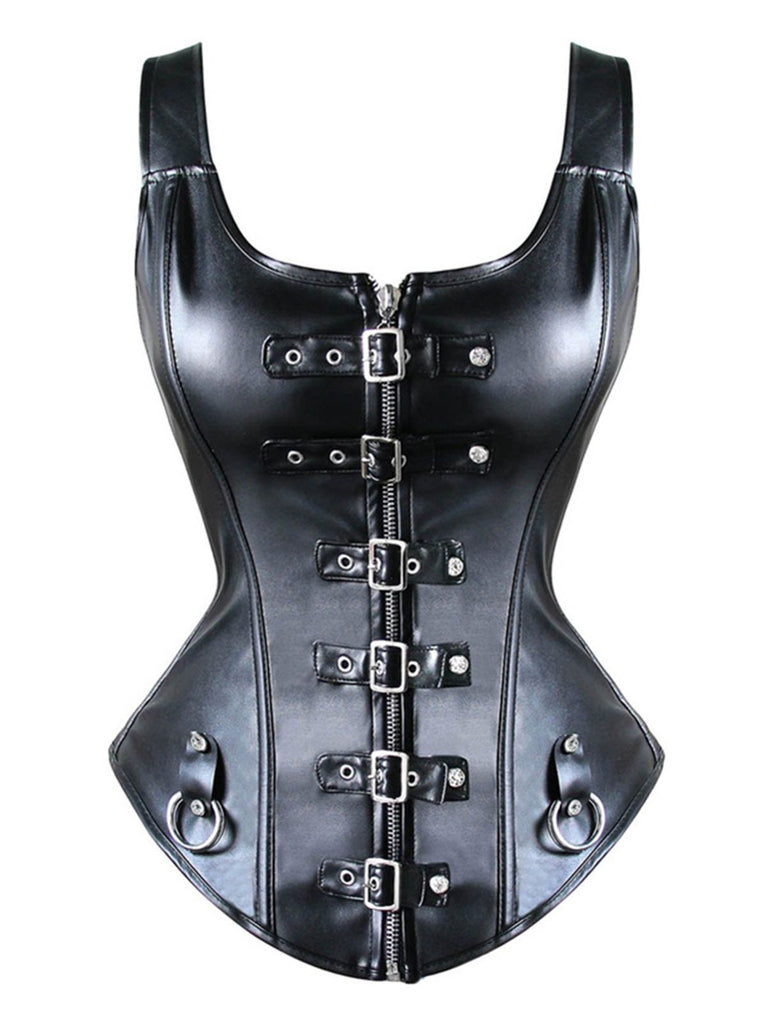Haut Steampunk en cuir noir à col carré des années 1970