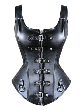 Haut Steampunk en cuir noir à col carré des années 1970