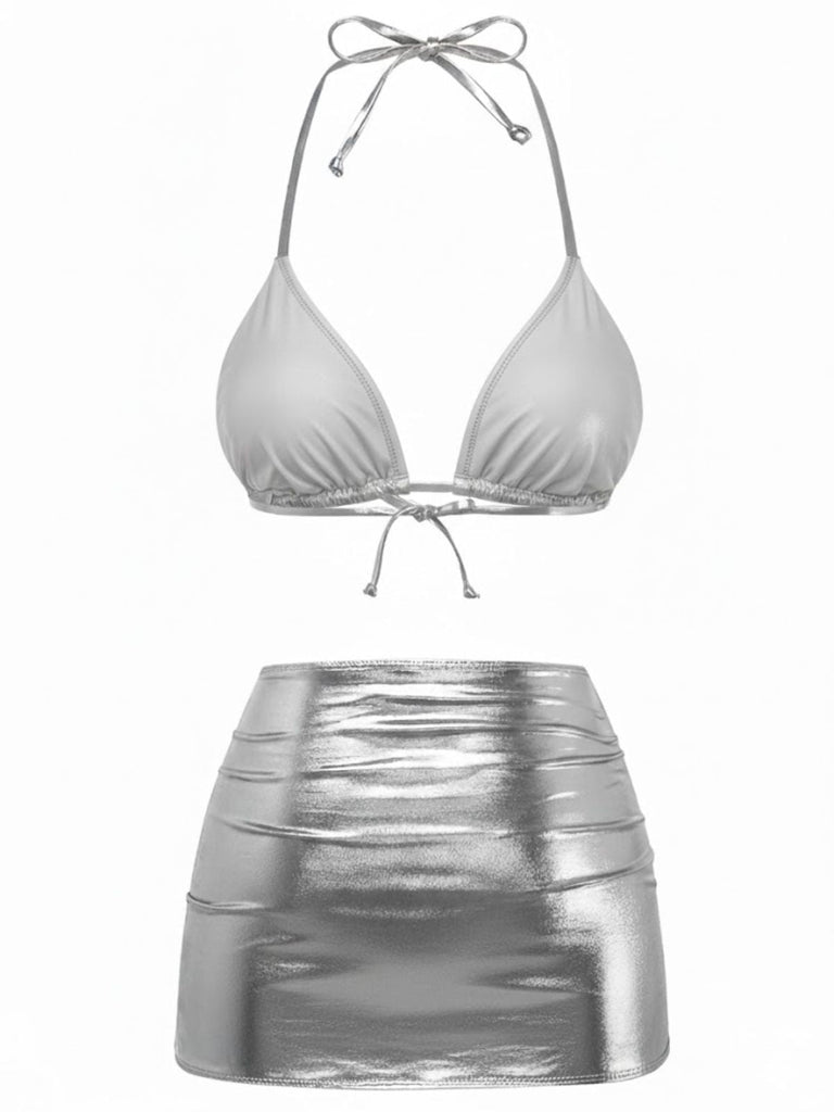 Ensemble bikini métallisé uni à bretelles années 1970