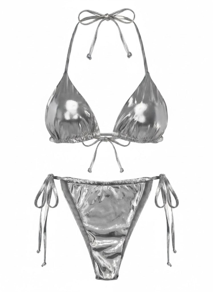 Ensemble bikini métallisé uni à bretelles années 1970