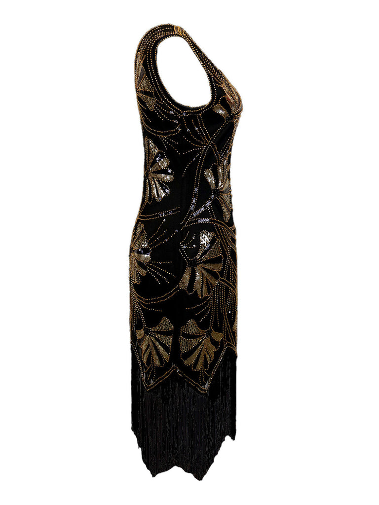 Robe col en V et perles pailletées des années 1920