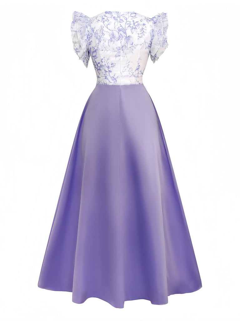 Robe à fleurs et manches volantées à col V années 1930