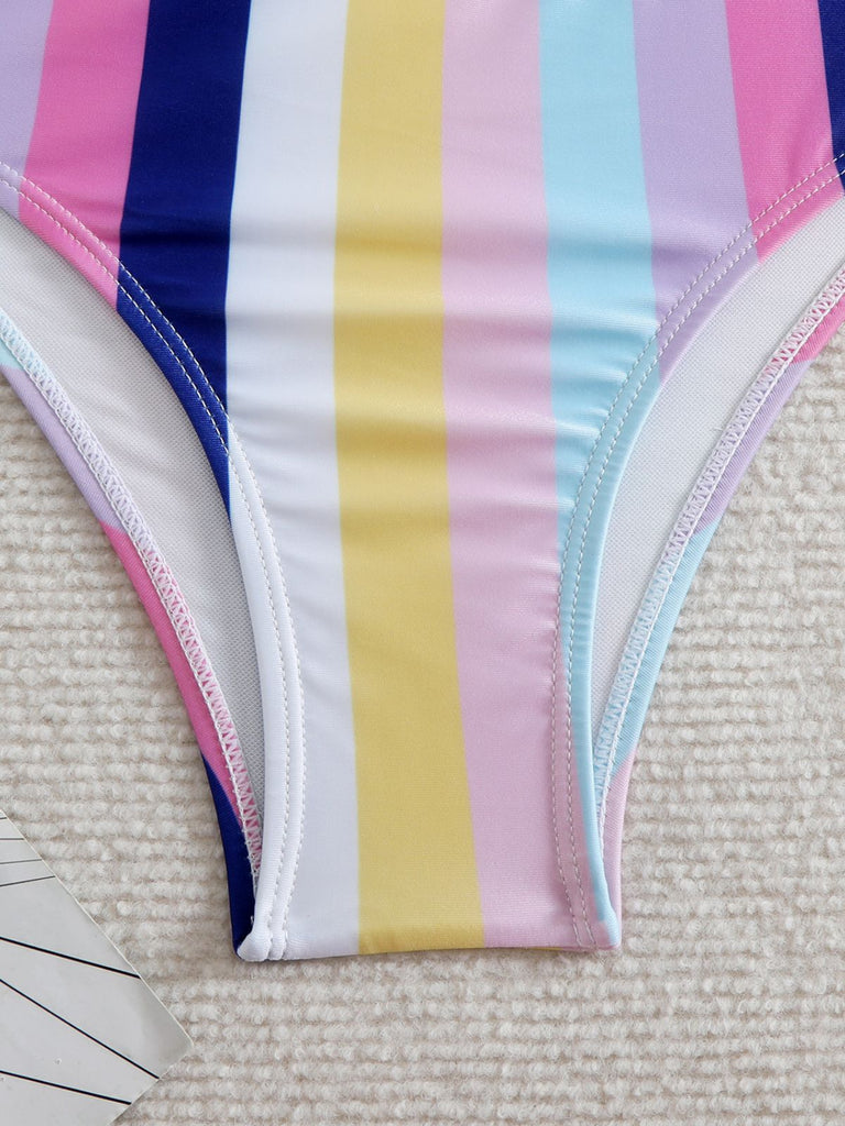 Ensemble bikini à bretelles rayures verticales contrastées nœud années 1940