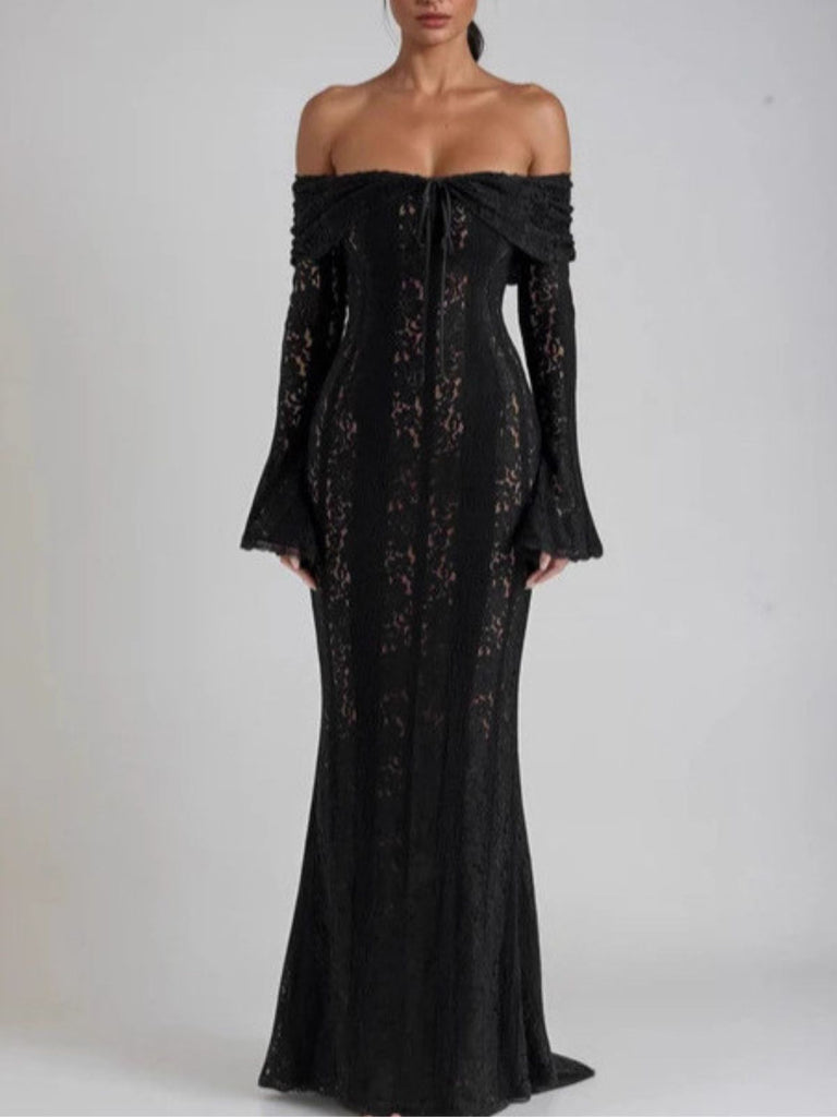 Robe sirène maxi en dentelle à épaules dénudées et manches évasées années 1930